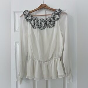 Adrianna Papell White Blouse with Black Floral Embellishments